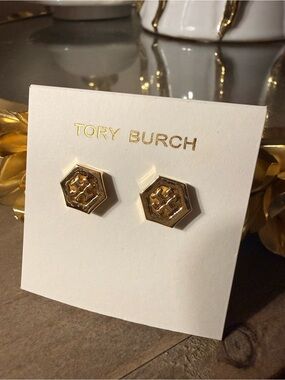 Tory Burch Gold Hexagon Logo Studs with Raised Emblem